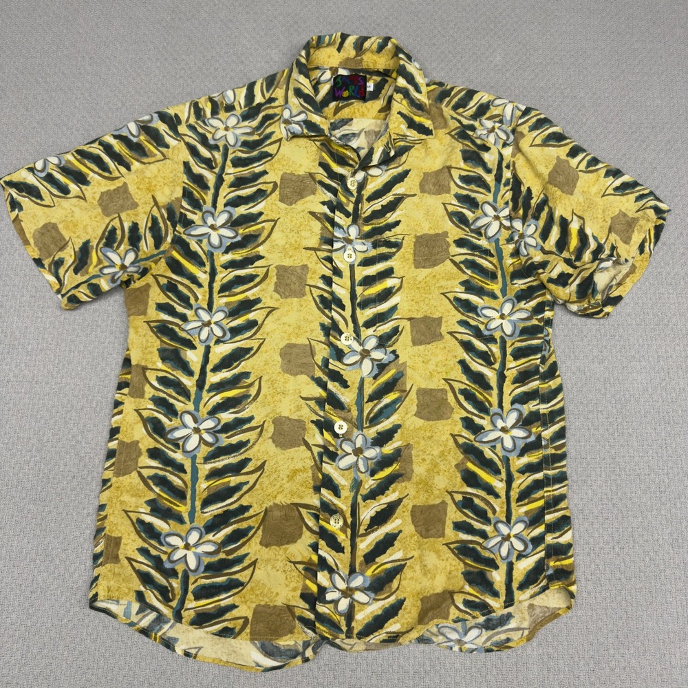 Jams World Hawaiian Shirt Mens Small Yellow‎ Rayon Tropical Beach Vacation Retro